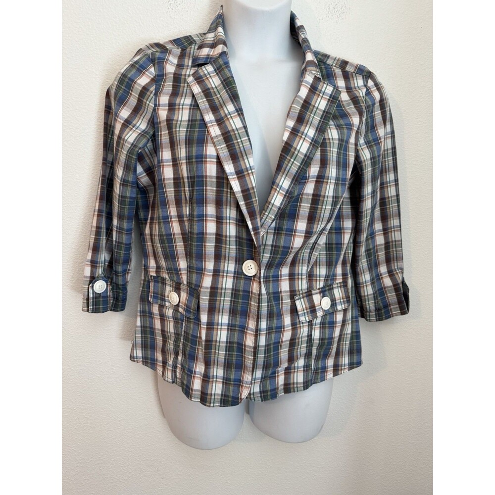Cropped Blazer Jacket  90s Vintage Women Size 14/ L Blue White Cotton Plaid